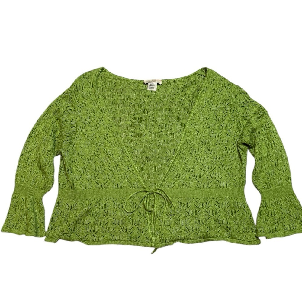 Vintage Choices Petite Green Crochet Tie Front Cardigan Sweater Made in USA PXL
